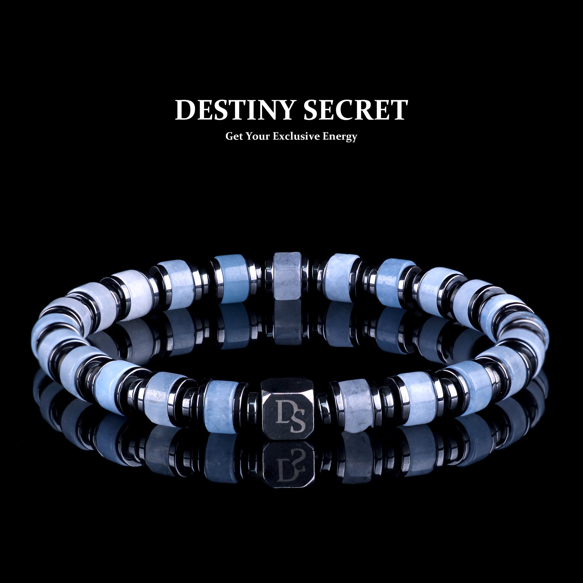 Genuine Aquamarine 6mm Bead Men's Beaded Bracelet 01 Destiny Secret
