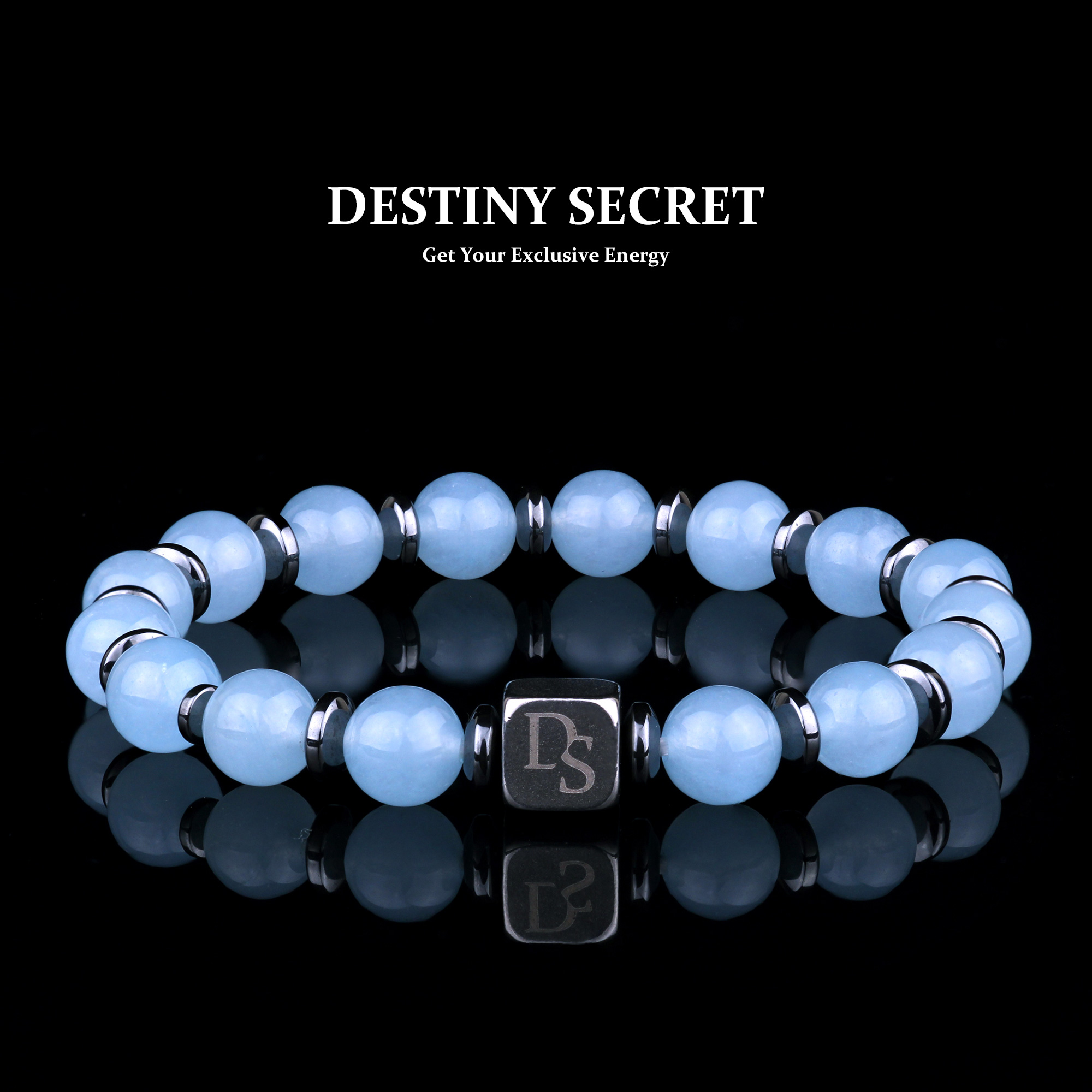 Genuine Aquamarine 8mm Bead Men's Beaded Bracelet 01 Destiny Secret