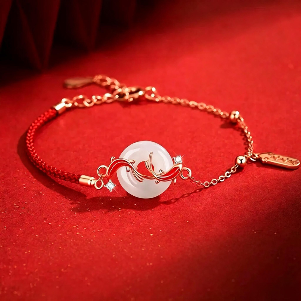 Enamel koi fish detail on Hetian jade peace buckle bracelet, high vibration spiritual protection jewelry